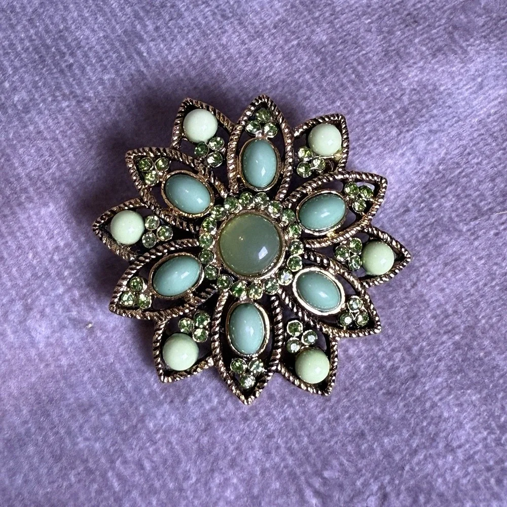 Mint Green Enamel‎ Brooch Pin Geometric Gold Tone Vintage Jewelry